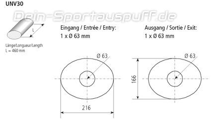 Bastuck Edelstahl Universal-Schalldämpfer oval 216x166mm Länge 460mm Eingang 1xØ 63mm Ausgang 1xØ 63mm