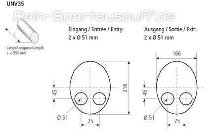 Bastuck Edelstahl Universal-Schalldämpfer oval hochkant 166x216mm Länge 550mm Eingang 2xØ 51mm Ausgang 2xØ 51mm