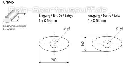 Bastuck Edelstahl Universal-Schalldämpfer oval 200x102mm Länge 330mm Eingang 1xØ 54mm Ausgang 1xØ 54mm