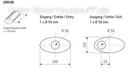 Bastuck Edelstahl Universal-Schalldämpfer oval 200x102mm Länge 330mm Eingang 1xØ 54mm Ausgang 1xØ 54mm