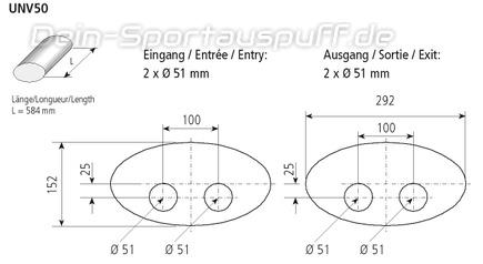 Bastuck Edelstahl Universal-Schalldämpfer oval 292x152mm Länge 584mm Eingang 2xØ 51mm Ausgang 2xØ 51mm