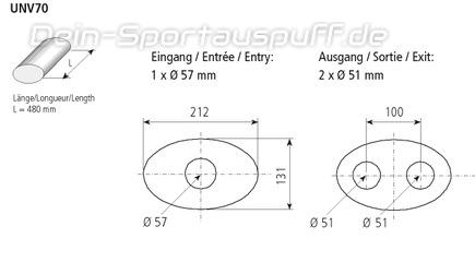 Bastuck Edelstahl Universal-Schalldämpfer oval 212x131mm Länge 480mm Eingang 1xØ 57mm Ausgang 2xØ 51mm
