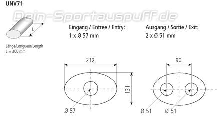 Bastuck Edelstahl Universal-Schalldämpfer oval 212x131mm Länge 300mm Eingang 1xØ 57mm Ausgang 2xØ 51mm