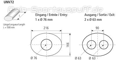 Bastuck Edelstahl Universal-Schalldämpfer oval 216x166mm Länge 500mm Eingang 1xØ 76mm Ausgang 2xØ 63mm