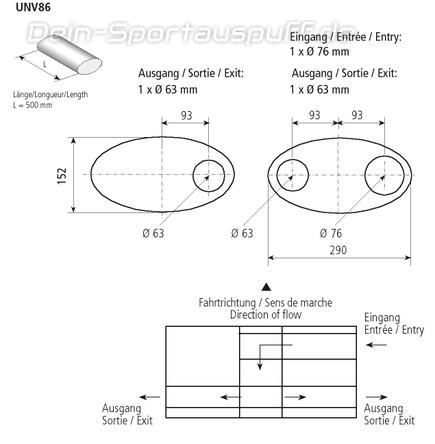 Bastuck Edelstahl Universal-Schalldämpfer oval querliegend 290x152mm Länge 500mm Eingang 1xØ 63mm Ausgang 1xØ 63mm 1xØ 76mm