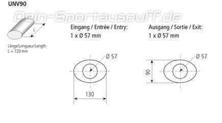 Bastuck Edelstahl Universal-Schalldämpfer oval 130x90mm Länge 720mm Eingang 1xØ 57mm Ausgang 1xØ 57mm