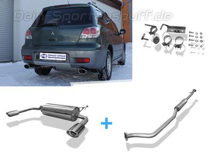 Fox Edelstahl Duplex Sportauspuff-Komplettanlage ab Kat Mitsubishi Outlander Typ CU Bj.03-06 115x85mm oval eingerollt abgeschrägt mit Absorber