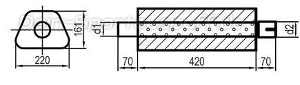 Fox Edelstahl Universal Schalldämpfer trapezförmig 220x161mm einflutig mit Anschlussrohr Länge 420mm Eingang/Ausgang 88,9mm/88,9mm