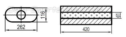 Fox Edelstahl Universal Schalldämpfer oval 262x116mm einflutig Länge 420mm Eingang/Ausgang 45mm/45mm