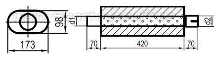Fox Edelstahl Universal Schalldämpfer oval 173x98mm einflutig mit Anschlussrohr Länge 420mm Eingang/Ausgang 55mm/55mm Fox Edelstahl Universal Schalldämpfer oval 173x98mm einflutig mit Anschlussrohr Länge 420mm Eingang/Ausgang 55mm/55mm