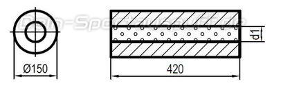 Fox Edelstahl Universal Schalldämpfer rund 150mm einflutig Länge 420mm Eingang/Ausgang 55mm/55mm