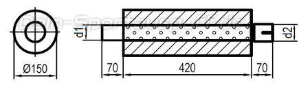 Fox Edelstahl Universal Schalldämpfer rund 150mm einflutig mit Anschlussrohr Länge 420mm Eingang/Ausgang 88,9mm/88,9mm