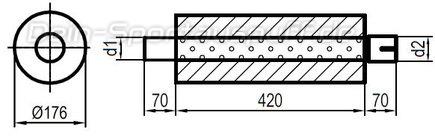 Fox Edelstahl Universal Schalldämpfer rund 176mm einflutig mit Anschlussrohr Länge 420mm Eingang/Ausgang 70mm/70mm Fox Edelstahl Universal Schalldämpfer rund 176mm einflutig mit Anschlussrohr Länge 420mm Eingang/Ausgang 70mm/70mm