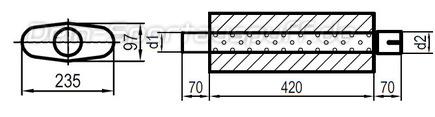 Fox Edelstahl Universal Schalldämpfer oval 235x97mm einflutig mit Anschlussrohr Länge 420mm Eingang/Ausgang 70mm/70mm Fox Edelstahl Universal Schalldämpfer oval 235x97mm einflutig mit Anschlussrohr Länge 420mm Eingang/Ausgang 70mm/70mm