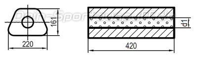 Fox Edelstahl Universal Schalldämpfer trapezförmig 220x161mm einflutig Länge 420mm Eingang/Ausgang 76mm/76mm