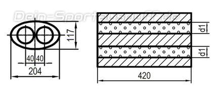 Fox Edelstahl Universal Auspuff oval 204x117mm zweiflutig Länge 420mm Eingang/Ausgang 2x63,5mm/2x63,5mm