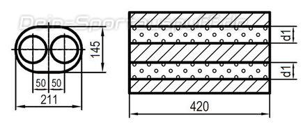 Fox Edelstahl Universal Schalldämpfer oval 211x145mm zweiflutig Länge 420mm Eingang/Ausgang 2x80mm/2x80mm