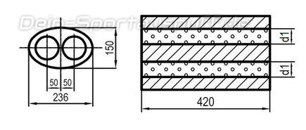 Fox Edelstahl Universal Schalldämpfer oval 236x150mm zweiflutig Länge 420mm Eingang/Ausgang 2x80mm/2x80mm