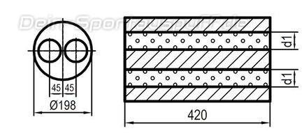 Fox Edelstahl Universal Schalldämpfer rund 198mm zweiflutig Länge 420mm Eingang/Ausgang 2x76mm/2x76mm Fox Edelstahl Universal Schalldämpfer rund 198mm zweiflutig Länge 420mm Eingang/Ausgang 2x76mm/2x76mm