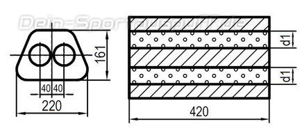 Fox Edelstahl Universal Schalldämpfer trapezförmig 220x161mm zweiflutig Länge 420mm Eingang/Ausgang 2x50mm/2x50mm