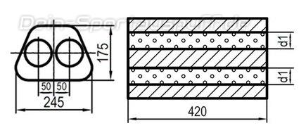 Fox Edelstahl Universal Schalldämpfer trapezförmig 245x175mm zweiflutig Länge 420mm Eingang/Ausgang 2x50mm/2x50mm