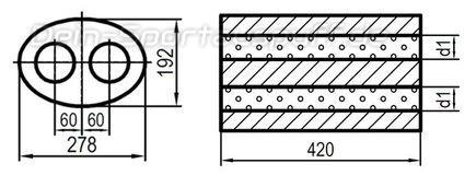 Fox Edelstahl Universal Schalldämpfer oval 278x192mm zweiflutig Länge 420mm Eingang/Ausgang 2x88,9mm/2x88,9mm