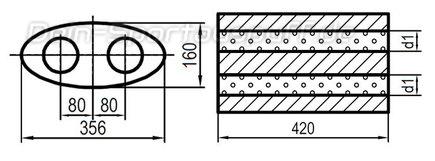 Fox Edelstahl Universal Schalldämpfer oval 356x160mm zweiflutig Länge 420mm Eingang/Ausgang 2x88,9mm/2x88,9mm