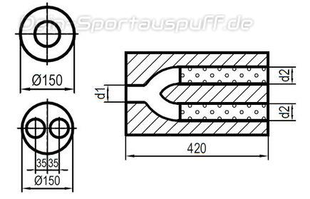 Fox Edelstahl Universal Schalldämpfer rund 150mm zweiflutig mit Y-Aufbau Länge 420mm Eingang/Ausgang 1x45mm/2x45mm Fox Edelstahl Universal Schalldämpfer rund 150mm zweiflutig mit Y-Aufbau Länge 420mm Eingang/Ausgang 1x45mm/2x45mm