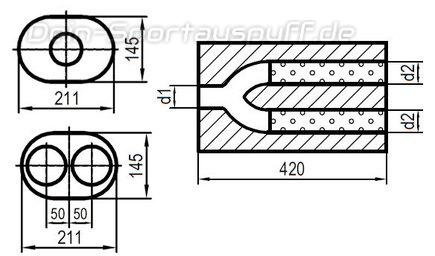Fox Edelstahl Universal Schalldämpfer oval 211x145mm zweiflutig mit Y-Aufbau Länge 420mm Eingang/Ausgang 1x63,5mm/2x55mm Fox Edelstahl Universal Schalldämpfer oval 211x145mm zweiflutig mit Y-Aufbau Länge 420mm Eingang/Ausgang 1x63,5mm/2x55mm
