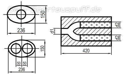 Fox Edelstahl Universal Schalldämpfer oval 236x150mm zweiflutig mit Y-Aufbau Länge 420mm Eingang/Ausgang 1x55mm/2x50mm Fox Edelstahl Universal Schalldämpfer oval 236x150mm zweiflutig mit Y-Aufbau Länge 420mm Eingang/Ausgang 1x55mm/2x50mm