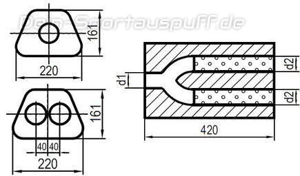 Fox Edelstahl Universal Schalldämpfer trapezförmig 220x161mm zweiflutig mit Y-Aufbau Länge 420mm Eingang/Ausgang 1x80mm/2x70mm