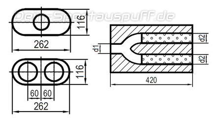 Fox Edelstahl Universal Schalldämpfer oval 262x116mm zweiflutig mit Y-Aufbau Länge 420mm Eingang/Ausgang 1x45mm/2x40mm Fox Edelstahl Universal Schalldämpfer oval 262x116mm zweiflutig mit Y-Aufbau Länge 420mm Eingang/Ausgang 1x45mm/2x40mm