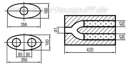 Fox Edelstahl Universal Schalldämpfer oval 356x160mm zweiflutig mit Y-Aufbau Länge 420mm Eingang/Ausgang 1x88,9mm/2x76mm