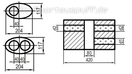 Fox Edelstahl Universal Auspuff oval 204x117mm zweiflutig mit Kammer Länge 420mm Eingang/Ausgang 1x70mm/2x60mm für Quereinbau Fox Edelstahl Universal Auspuff oval 204x117mm zweiflutig mit Kammer Länge 420mm Eingang/Ausgang 1x70mm/2x60mm für Quereinbau