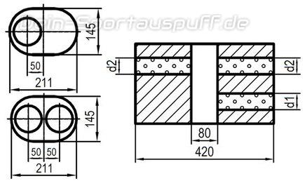 Fox Edelstahl Universal Schalldämpfer oval 211x145mm zweiflutig mit Kammer Länge 420mm Eingang/Ausgang 1x70mm/2x60mm für Quereinbau Fox Edelstahl Universal Schalldämpfer oval 211x145mm zweiflutig mit Kammer Länge 420mm Eingang/Ausgang 1x70mm/2x60mm für Quereinbau