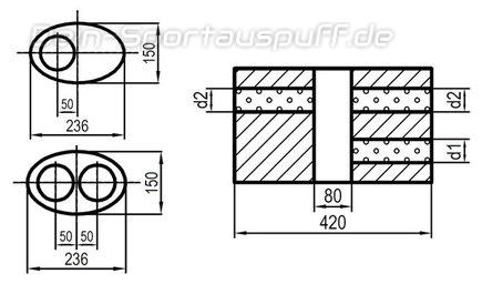 Fox Edelstahl Universal Schalldämpfer oval 236x150mm zweiflutig mit Kammer Länge 420mm Eingang/Ausgang 1x70mm/2x60mm für Quereinbau Fox Edelstahl Universal Schalldämpfer oval 236x150mm zweiflutig mit Kammer Länge 420mm Eingang/Ausgang 1x70mm/2x60mm für Quereinbau