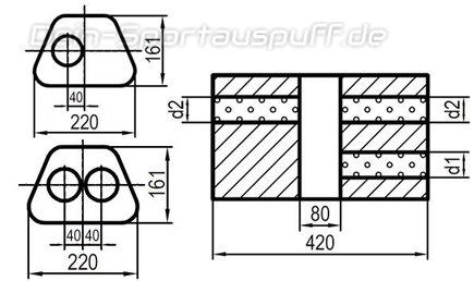 Fox Edelstahl Universal Schalldämpfer trapezförmig 220x161mm zweiflutig mit Kammer Länge 420mm Eingang/Ausgang 1x50mm/2x45mm für Quereinbau