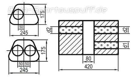 Fox Edelstahl Universal Schalldämpfer trapezförmig 245x175mm zweiflutig mit Kammer Länge 420mm Eingang/Ausgang 1x70mm/2x60mm für Quereinbau