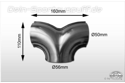 FOX Edelstahl Auspuff T-Adapter Eingang/Ausgang 1x56mm/2x50mm LxB 110mmx160mm