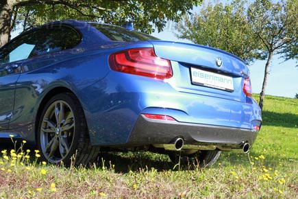 Eisenmann Edelstahl Duplex Rennsportanlage ab Kat BMW 2er F22 Coupe F23 Cabriolet M235i je 90mm rund eingerollt abgeschrägt
