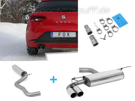 Fox Edelstahl Sportauspuff-Komplettanlage ab Kat Seat Leon 5F 1.8l 2.0l TDI je 2x80mm rund doppelwandig abgeschrägt