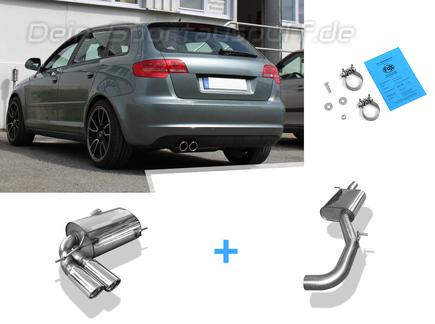 Fox Edelstahl Sportauspuff-Komplettanlage ab Kat Audi A3 8P 3.2 V6 quattro Sportback 2x90mm rund eingerollt abgeschrägt mit Absorber
