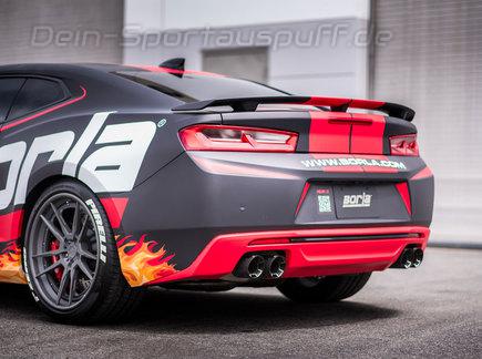 Borla S-TYPE Edelstahl Duplex Sportauspuff-Komplettanlage ab Kat Ø76mm-System Chevrolet Camaro SS V8 Modelljahr 2016-17 je 2x102mm rund abgeschrägt aus Carbon mit Alu Inlet