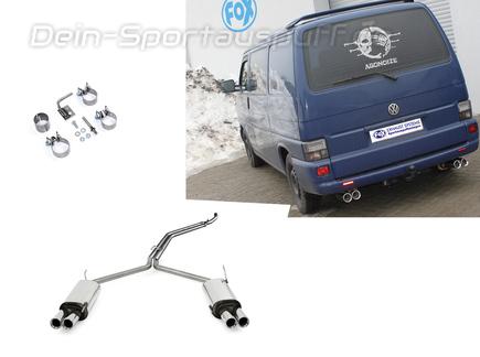 Fox Edelstahl Duplex Racing-Komplettanlage ab Kat VW T4 Bus Transporter Caravelle Multivan 2x80mm rund eingerollt gerade mit Absorber