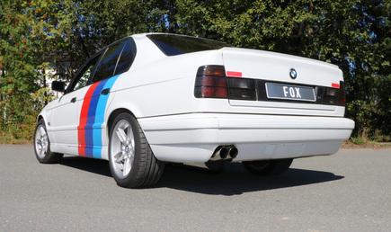 Fox Edelstahl Sportauspuff BMW 5er E34 525i 530i 535i Limousine u. Touring 2x76mm rund scharfkantig abgeschrägt