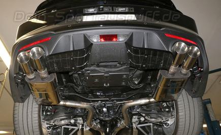 Fox Edelstahl Duplex Sportauspuff-Komplettanlage ab Kat Ford Mustang VI 6 Facelift ab 2017 5.0l GT je 2x100mm rund doppelwandig abgeschrägt