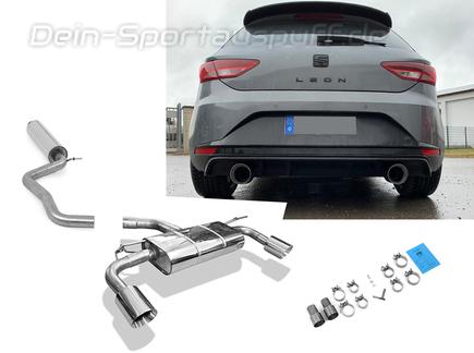 Fox Edelstahl Duplex Sportauspuff-Komplettanlage ab Kat Seat Leon 5F 1.8l 2.0l TDI für Rieger Heckeinsatz je 100mm rund doppelwandig abgeschrägt