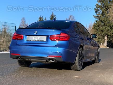 FOX Edelstahl Duplex Racing-Komplettanlage ab Kat BMW F30 F31 330i xDrive je 145x65mm trapezförmig eingerollt abgeschrägt