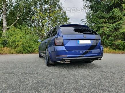 Fox Edelstahl Duplex Sportauspuff-Komplettanlage ab Kat. Skoda Octavia 2.0l TSI AWD Typ 5E Limo u. Combi je 145x65mm trapezförmig eingerollt abgeschrägt