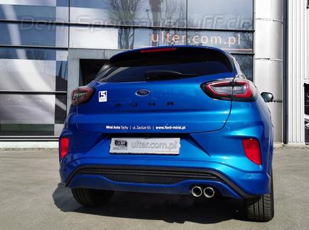 Ulter Edelstahl Sportauspuff Ford PUMA 1.0l Ecoboost inkl. Hybrid ab Bj. 2019- 2x70mm rund eingerollt abgeschrägt mit Absorber